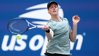 Jannik Sinner of Italy returns a shot against Christopher O'Connell of Australia during their Men's Singles Third Round match on Day Six of the 2024 US Open at USTA Billie Jean King National Tennis Center 