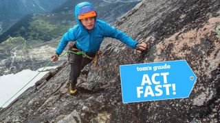 Mountain climber wearing a blue Nano Puff jacket.