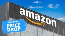 Amazon logo on building with Price drop deals tag