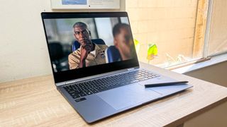 Samsung Galaxy Book 4 Pro 360 review unit on desk running Windows 11