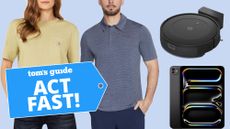 Woman with Carthartt apparel, man with Skechers polo, iRobot vacuum, and iPad Pro