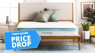 Linenspa Hybrid Memory Foam Mattress with a Tom's Guide price drop label to indicate it is on sale for under $200 in the extended Labor Day sale