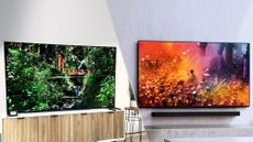 A side-by-side presentation of the 85-inch Sony X95L and the Sony Bravia 9, each in a different living space